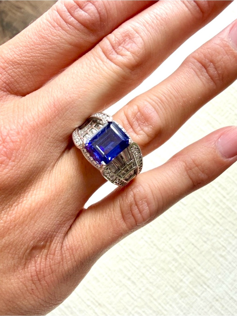 Simulated Sapphire Blue Cocktail Ring in Sterling Silver, Like New. Size 8